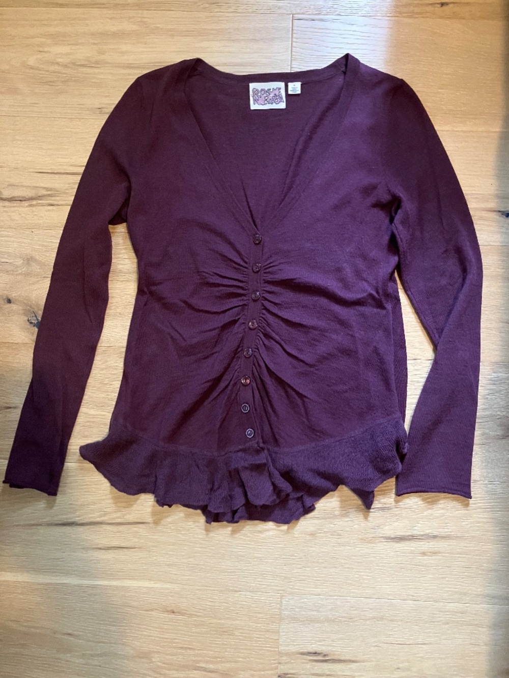 Anthropologie Rosie Neira Ruched Ruffle Hem Cardigan Burgundy Plum M